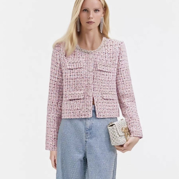 Self-Portrait Pink Boucle Rhinestones Trim Diamante Button Tweed Jacket